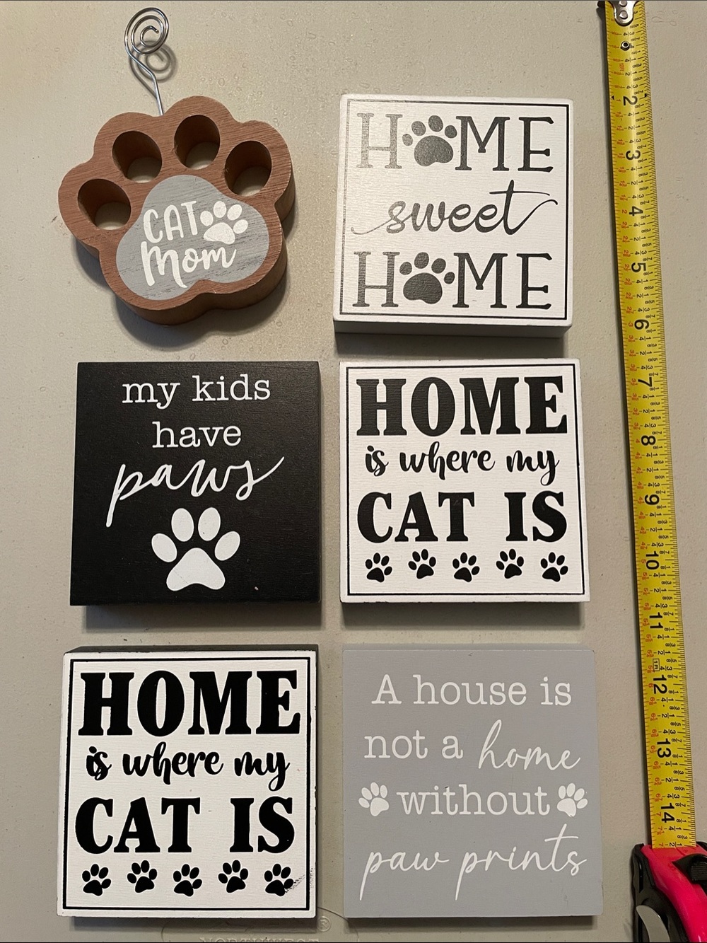 Cat-Themed Wall Sign Set - Black, White, Gray - Decorative Paw Prints 6pc New